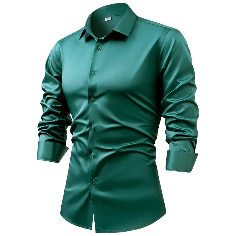 Men's Silk Satin Long Sleeve Dress Shirt Wrinkle Free Business Casual Button Down Shirts for Men  Mocassins Homme Été TS-934