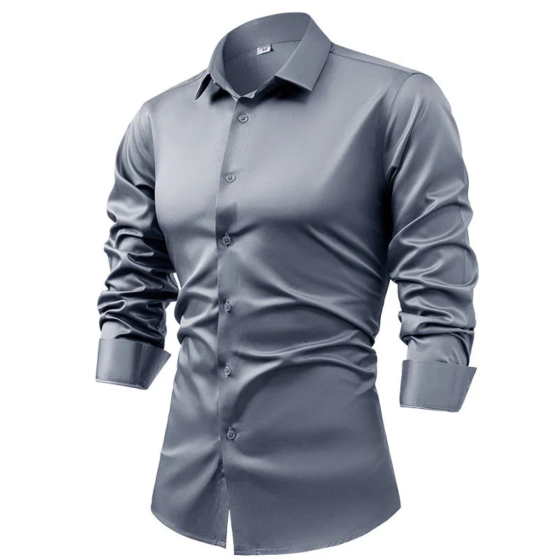 Men's Silk Satin Long Sleeve Dress Shirt Wrinkle Free Business Casual Button Down Shirts for Men  Mocassins Homme Été TS-934