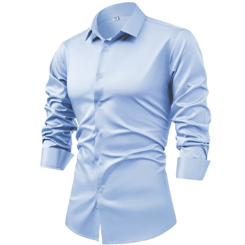 Men's Silk Satin Long Sleeve Dress Shirt Wrinkle Free Business Casual Button Down Shirts for Men  Mocassins Homme Été TS-934