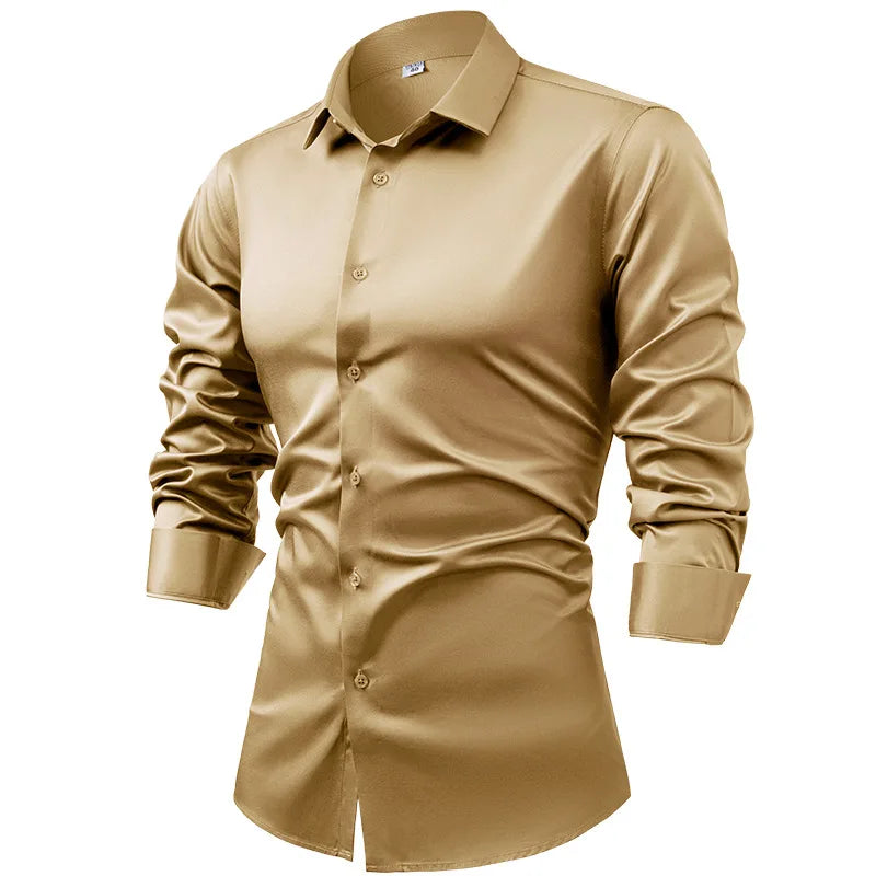 Men's Silk Satin Long Sleeve Dress Shirt Wrinkle Free Business Casual Button Down Shirts for Men  Mocassins Homme Été TS-934