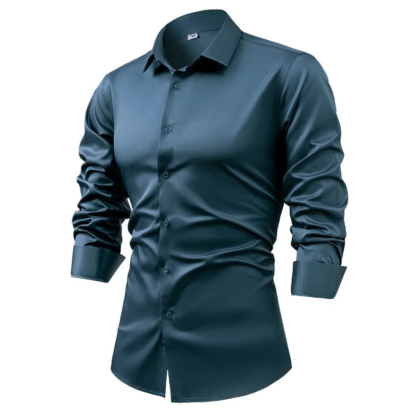 Men's Silk Satin Long Sleeve Dress Shirt Wrinkle Free Business Casual Button Down Shirts for Men  Mocassins Homme Été TS-934