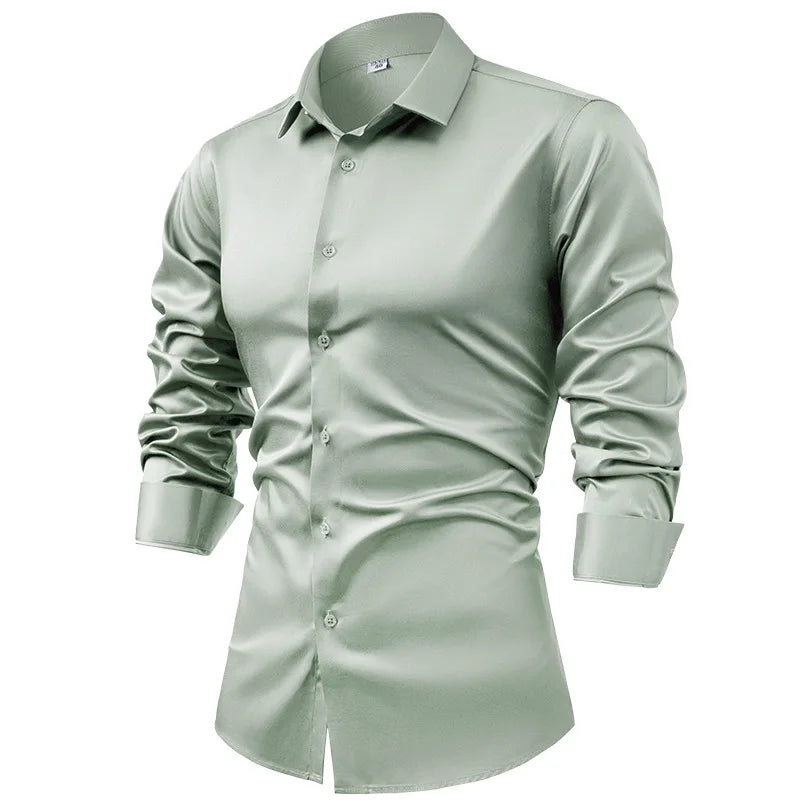 Men's Silk Satin Long Sleeve Dress Shirt Wrinkle Free Business Casual Button Down Shirts for Men  Mocassins Homme Été TS-934