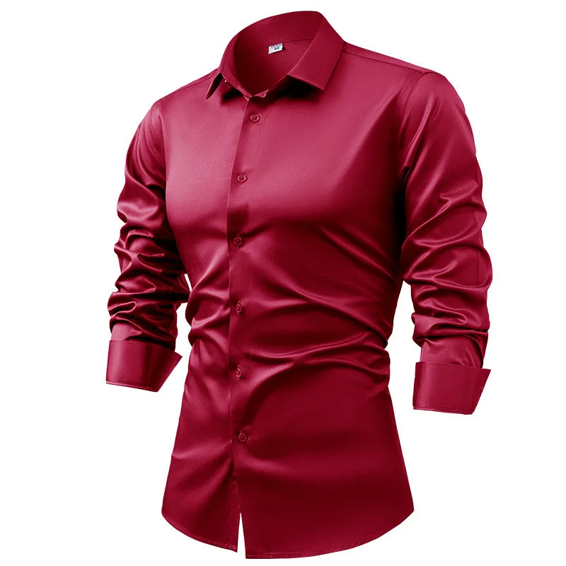 Men's Silk Satin Long Sleeve Dress Shirt Wrinkle Free Business Casual Button Down Shirts for Men  Mocassins Homme Été TS-934