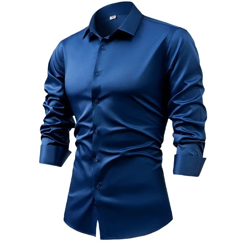 Men's Silk Satin Long Sleeve Dress Shirt Wrinkle Free Business Casual Button Down Shirts for Men  Mocassins Homme Été TS-934