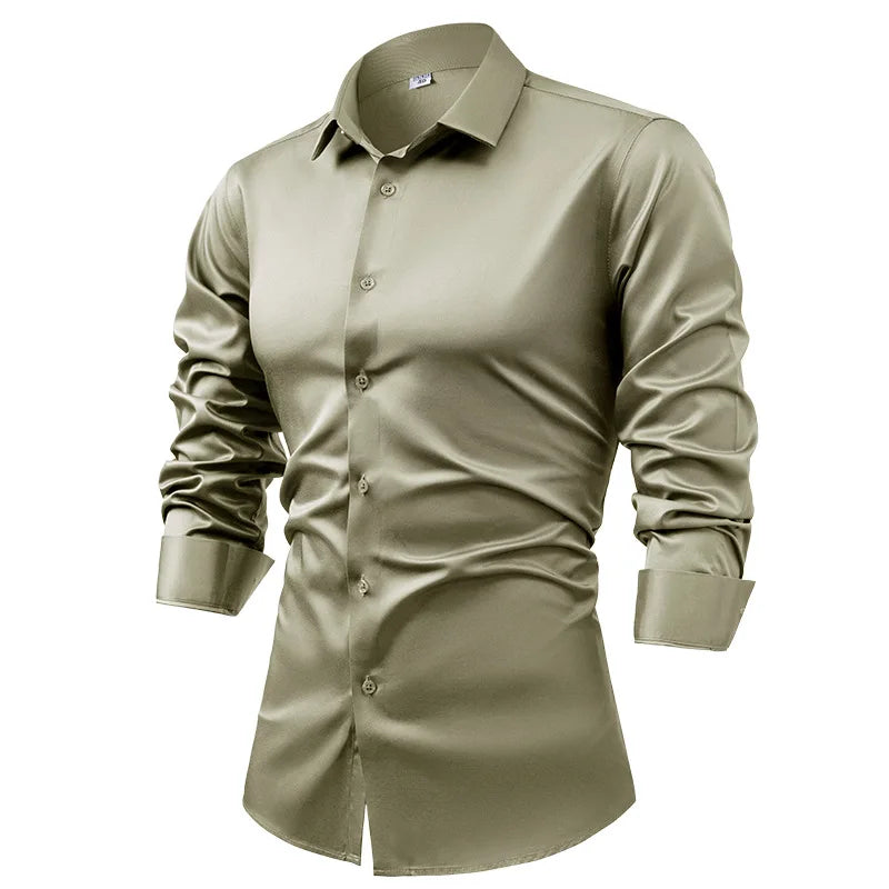 Men's Silk Satin Long Sleeve Dress Shirt Wrinkle Free Business Casual Button Down Shirts for Men  Mocassins Homme Été TS-934