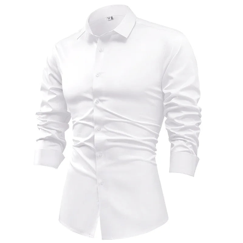 Men's Silk Satin Long Sleeve Dress Shirt Wrinkle Free Business Casual Button Down Shirts for Men  Mocassins Homme Été TS-934