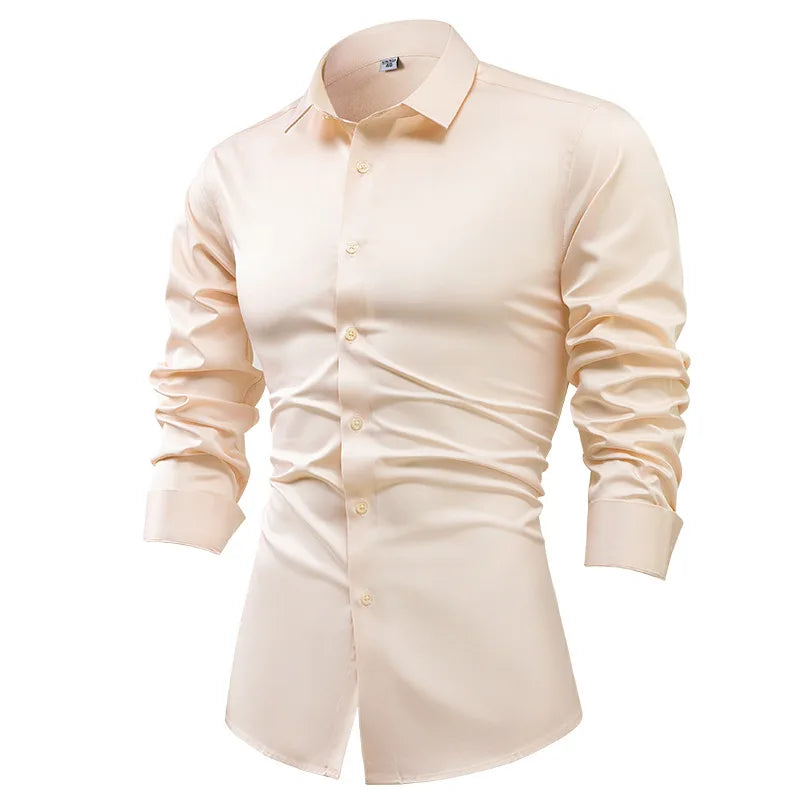 Men's Silk Satin Long Sleeve Dress Shirt Wrinkle Free Business Casual Button Down Shirts for Men  Mocassins Homme Été TS-934