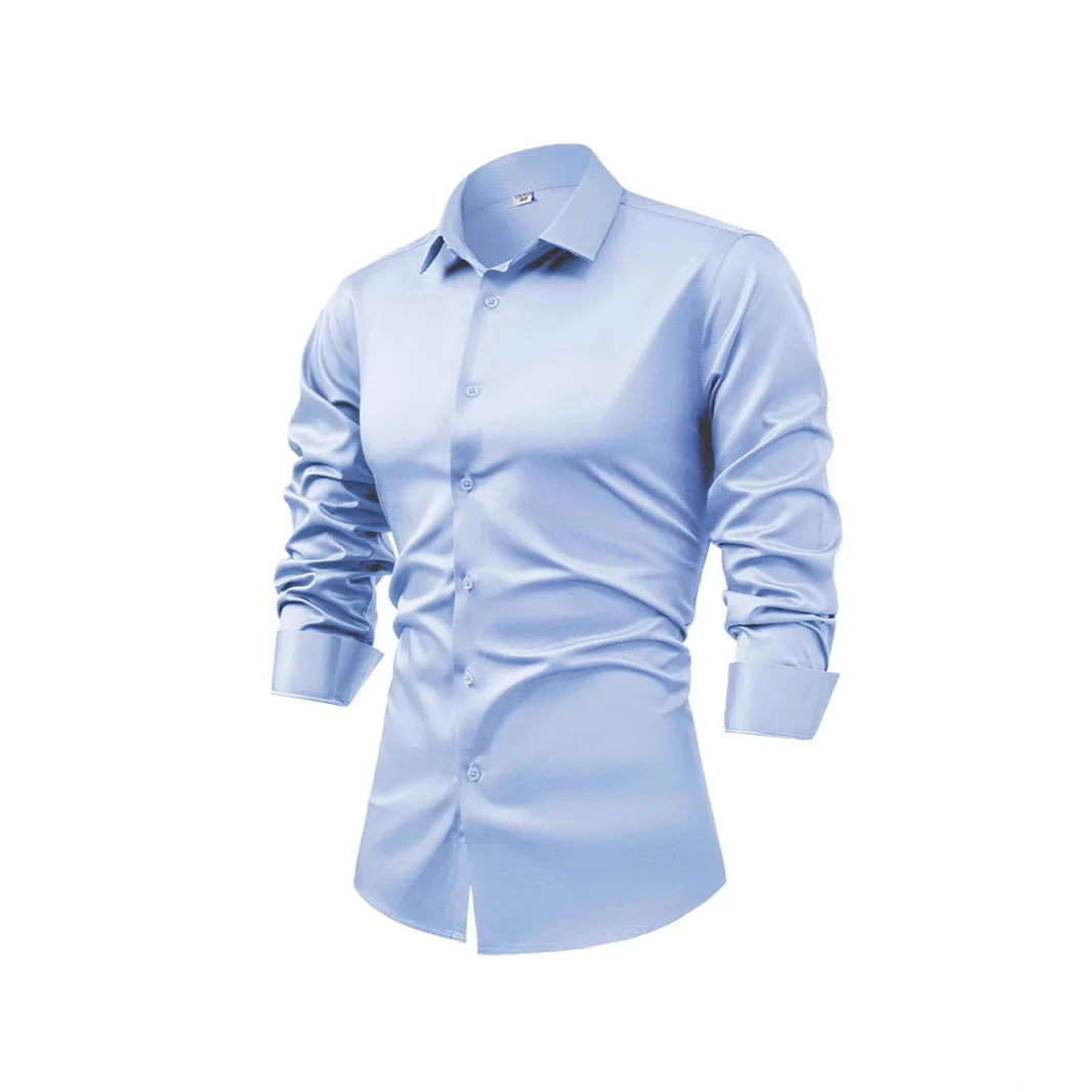 Men's Silk Satin Long Sleeve Dress Shirt Wrinkle Free Business Casual Button Down Shirts for Men  Mocassins Homme Été TS-934
