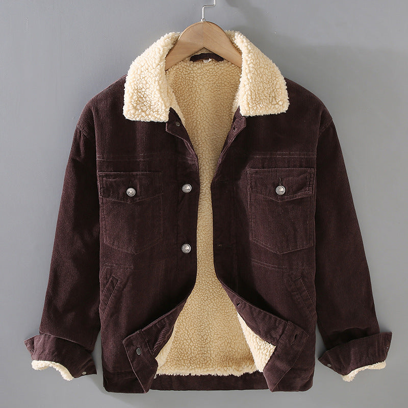 Men's Corduroy Workwear American Retro Lapels Jacket Heavy Imitation Lamb Wool Thickened Cotton-padded Coat