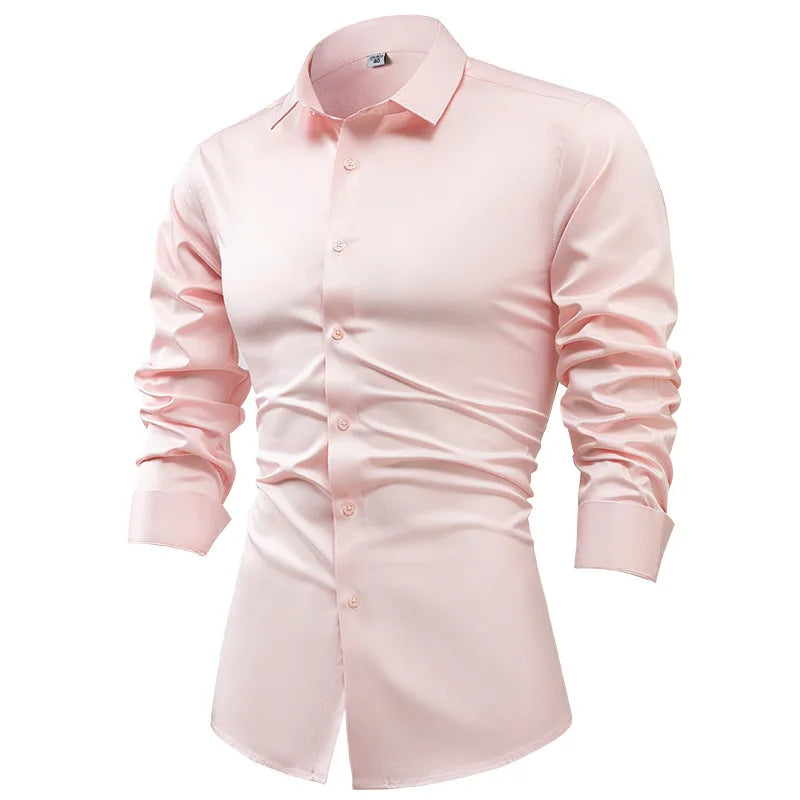 Men's Silk Satin Long Sleeve Dress Shirt Wrinkle Free Business Casual Button Down Shirts for Men  Mocassins Homme Été TS-934