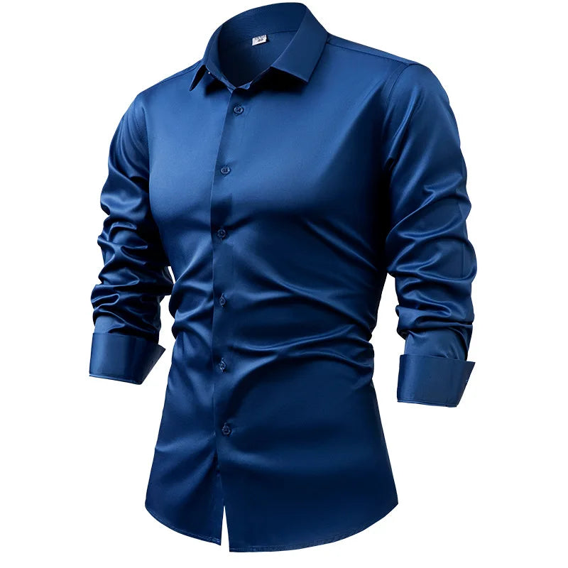 Men's Silk Satin Long Sleeve Dress Shirt Wrinkle Free Business Casual Button Down Shirts for Men  Mocassins Homme Été TS-934