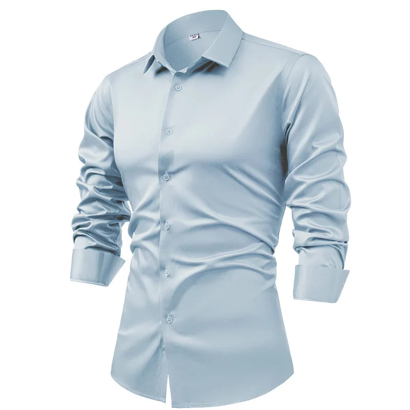 Men's Silk Satin Long Sleeve Dress Shirt Wrinkle Free Business Casual Button Down Shirts for Men  Mocassins Homme Été TS-934