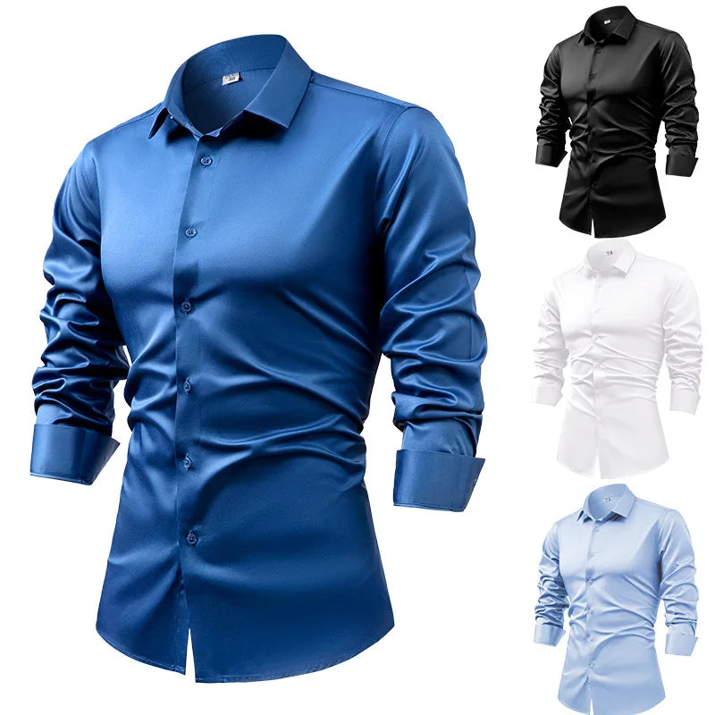 Men's Silk Satin Long Sleeve Dress Shirt Wrinkle Free Business Casual Button Down Shirts for Men  Mocassins Homme Été TS-934