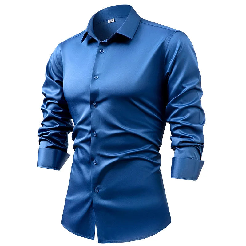 Men's Silk Satin Long Sleeve Dress Shirt Wrinkle Free Business Casual Button Down Shirts for Men  Mocassins Homme Été TS-934