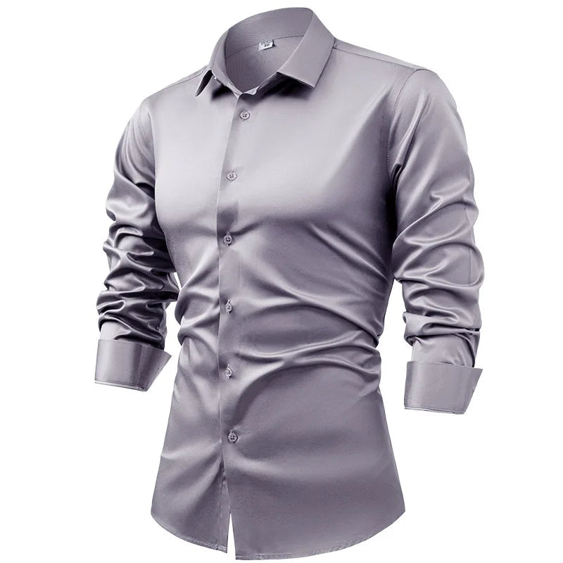 Men's Silk Satin Long Sleeve Dress Shirt Wrinkle Free Business Casual Button Down Shirts for Men  Mocassins Homme Été TS-934
