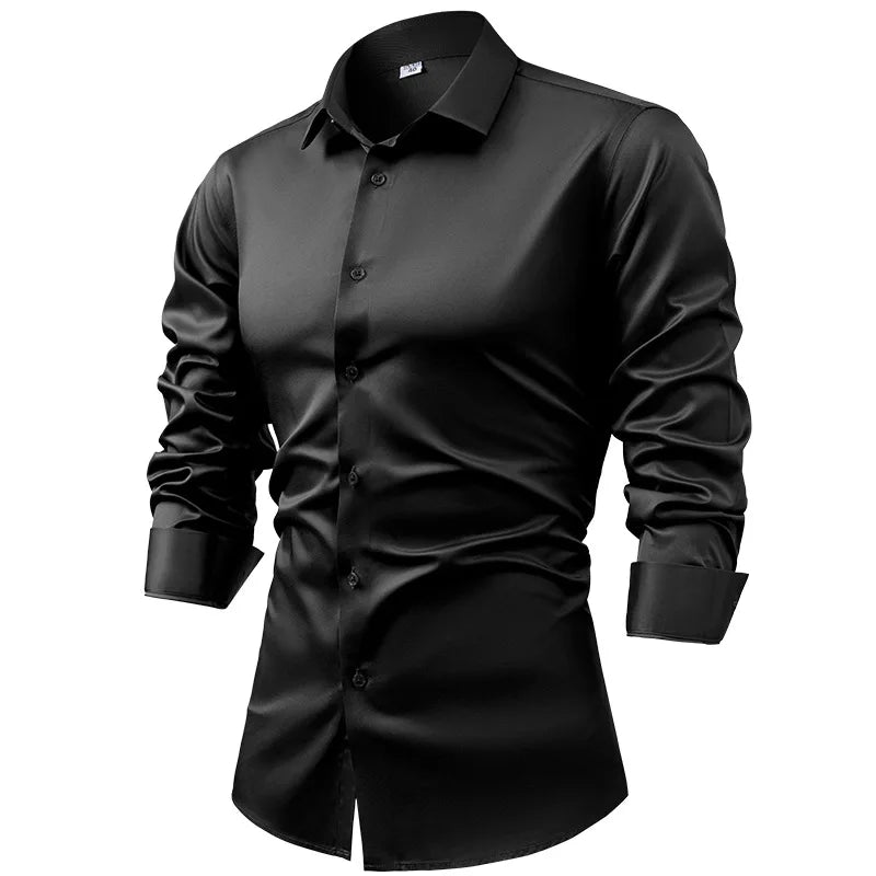 Men's Silk Satin Long Sleeve Dress Shirt Wrinkle Free Business Casual Button Down Shirts for Men  Mocassins Homme Été TS-934